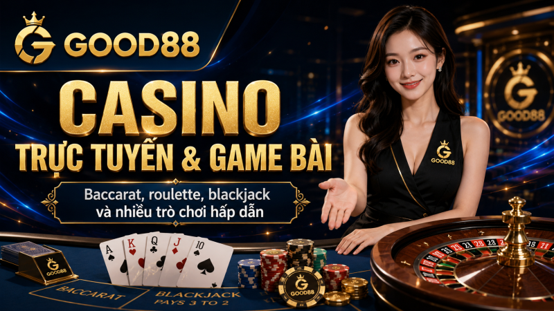Bàn casino, dealer nữ, chip và quân bài, logo GOOD88.