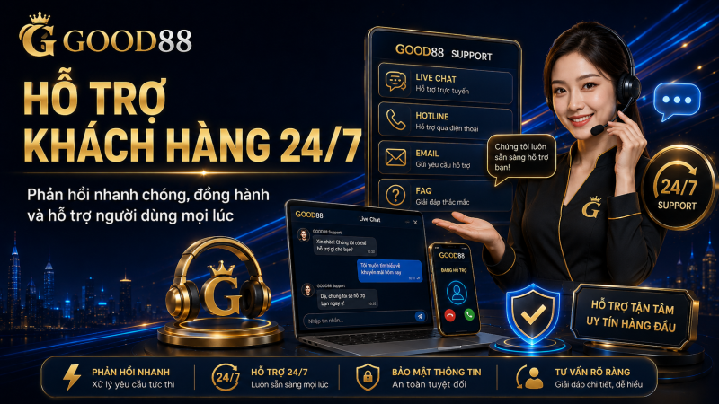 Nữ nhân viên hỗ trợ GOOD88 với headset, laptop, smartphone, nền tối.