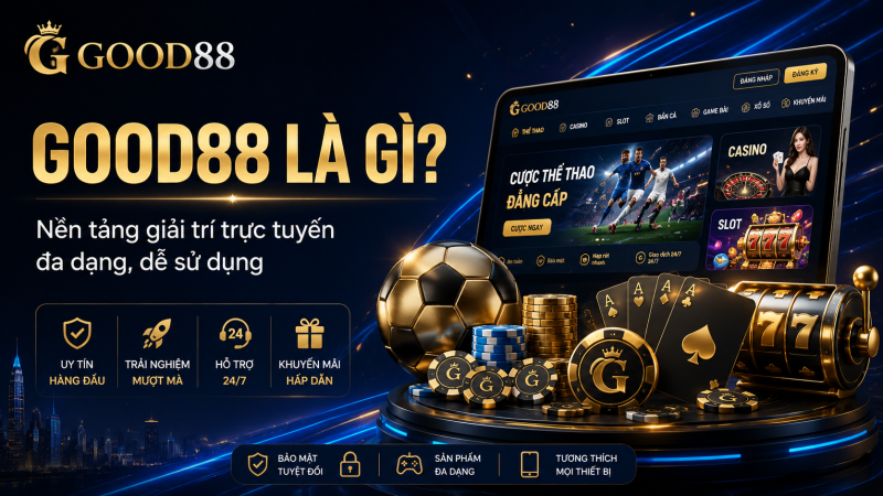 Banner GOOD88 với casino, thể thao, xổ số và game bài, phong cách sang trọng.