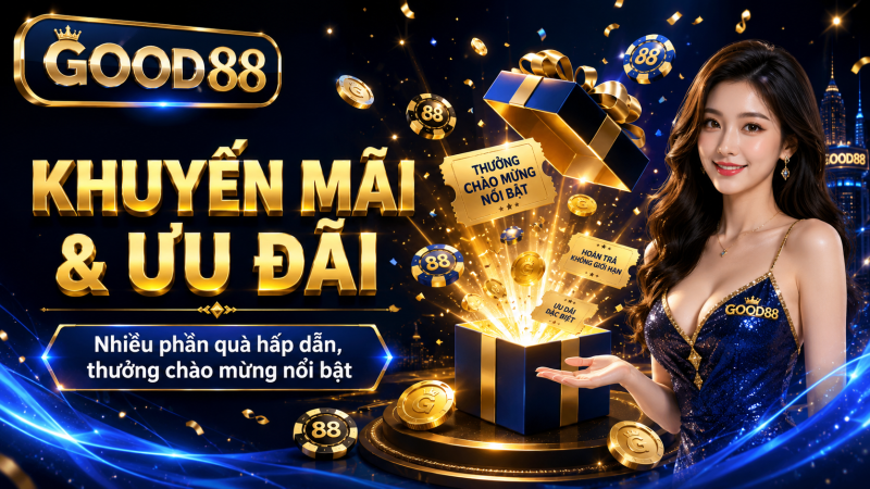 Hộp quà vàng, chip, coin, model nữ, phong cách sang trọng GOOD88.