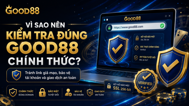 Infographic điểm mạnh GOOD88 với icon bảo mật, hỗ trợ 24/7, nền xanh vàng.
