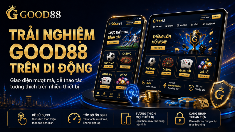 Smartphone và tablet hiển thị ứng dụng GOOD88, giao diện casino, thể thao, game bài.